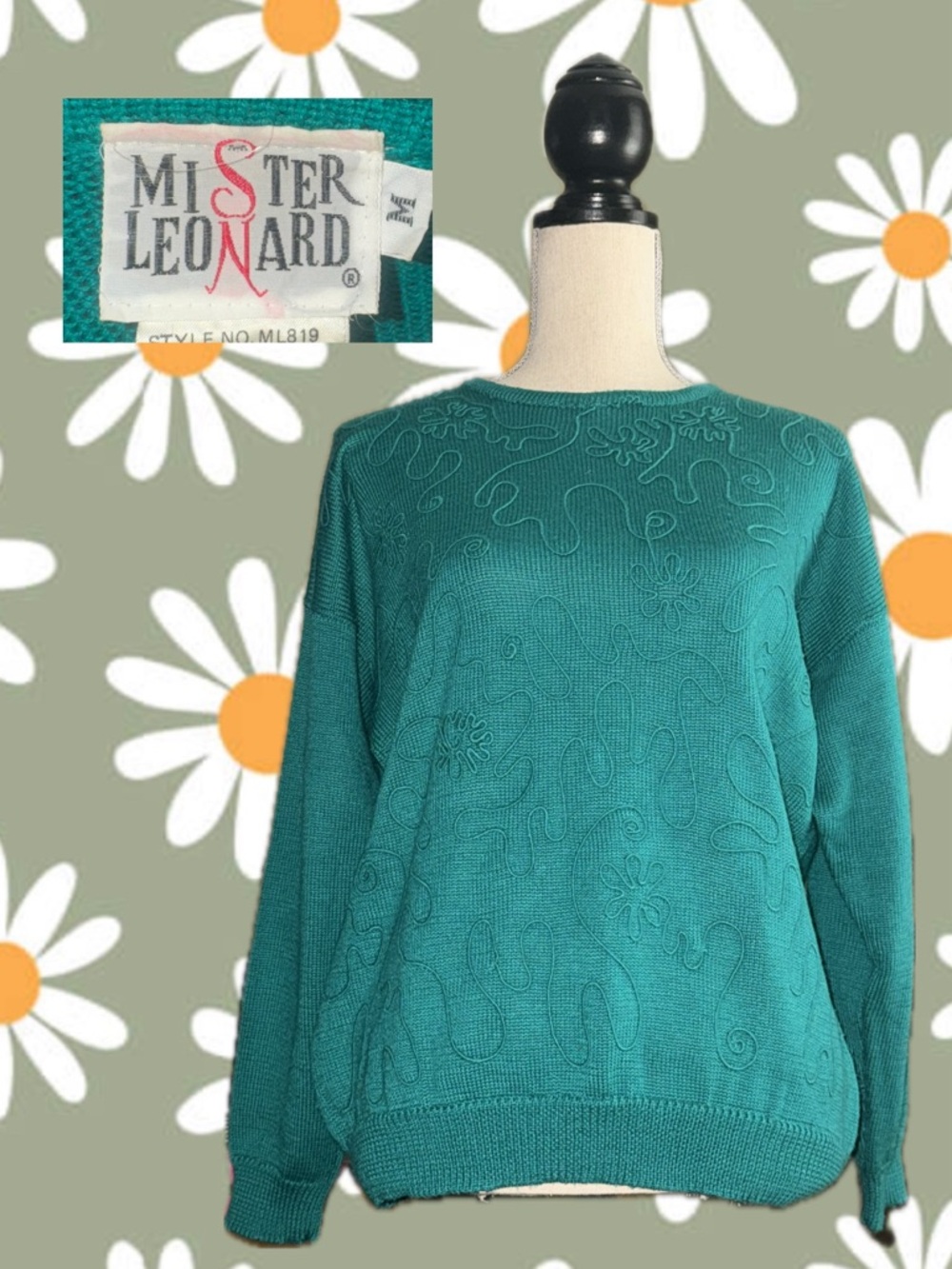 Mister Leonard Teal Embroidered Crewneck Sweater